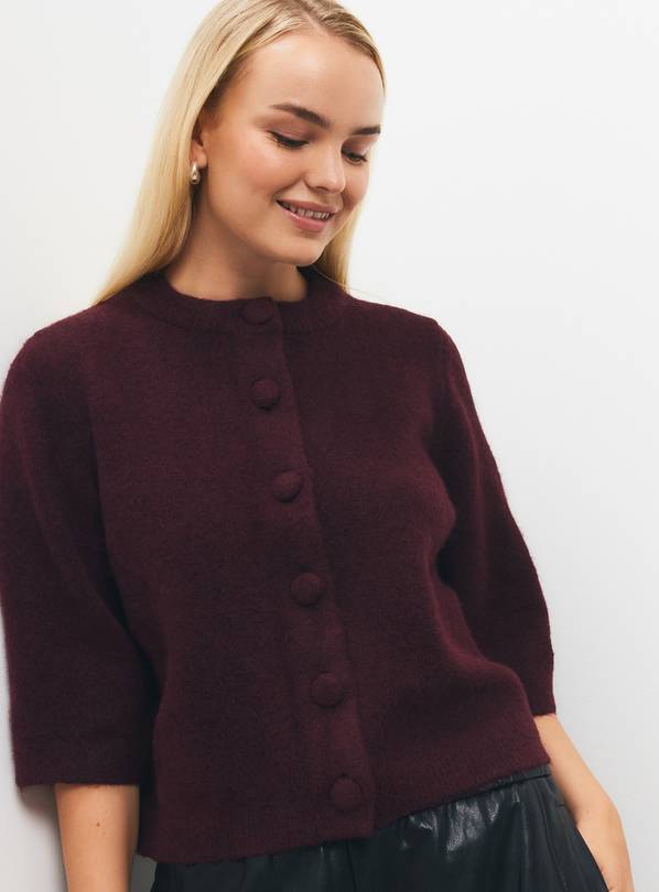 Dark Red Covered Button Boxy Cardigan M